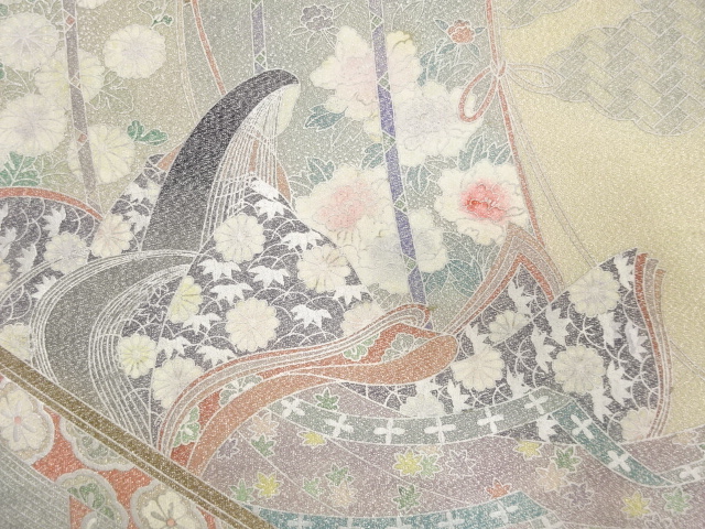 アンティーク　綴れ　箔置き　几帳に十二単模様袋帯